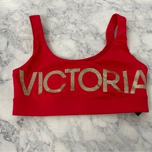 VICTORIA’S SECRET Sports Bra Red Gold Print Glitter Work Out Top Victoria Sport